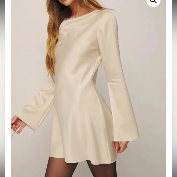 Reformation Pike Satin Almond / Cream Mini Dress sz L - Picture 2 of 13